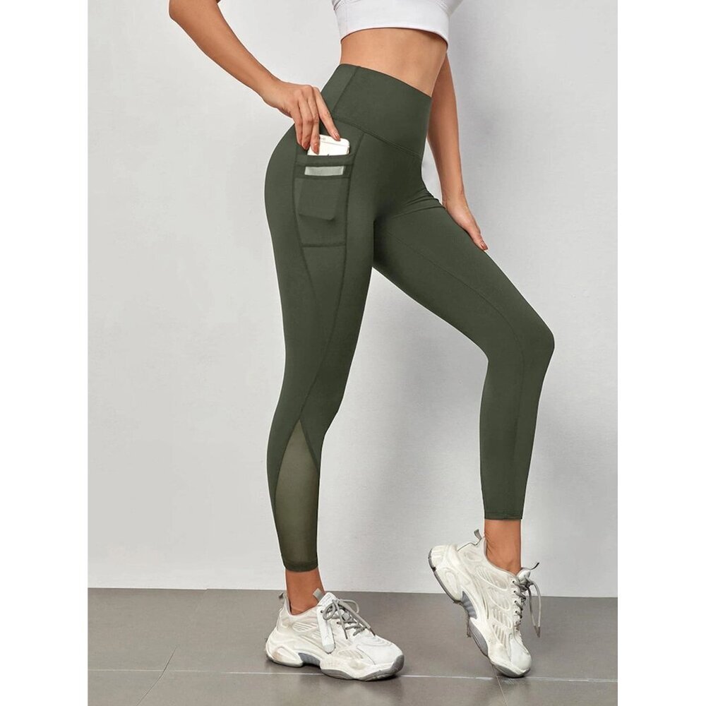 High waisted leggings with pockets mesh insert olive green